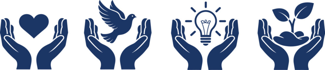 Fototapeta premium Corporate Social Responsibility Silhouette Icon Set with Hands Holding Heart Dove Light Bulb and Plant Symbols