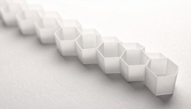 White hexagonal honeycomb pattern with subtle shadows, symbolizing modern design, structure, and minimalist elegance through geometric repetition.