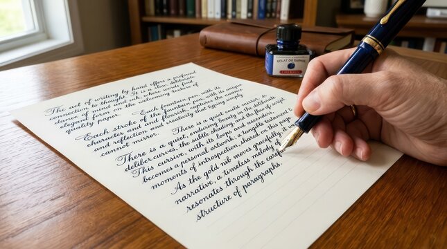 Hand holding fountain pen writing cursive script on paper with blue ink bottle background.