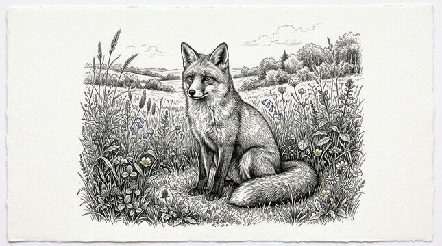 Fox sitting in meadow with wild flowers detailed engraving style line art illustration.