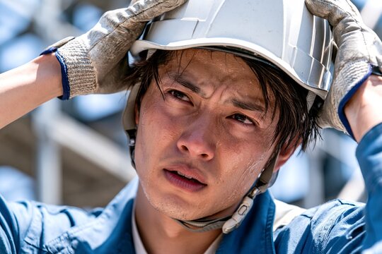 酷暑の建設現場で汗を流す若い日本人男性作業員の疲労感