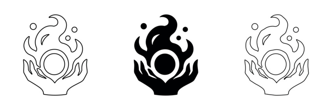 Mystical orb held by hands with flames and magical particles icon