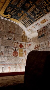 Broken stone sarcophagus of an ancient Egyptian pharaoh Ramesses inside a royal burial chamber of royal tomb KV 9, Valley of the Kings, Luxor, Egypt.