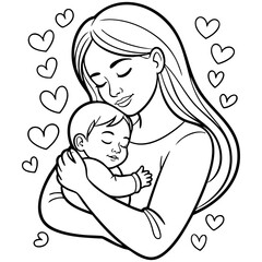 Loving Mother Embracing Sleeping Baby With Decorative Hearts Line Art Isolated on a Transparent or White Background
