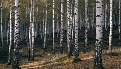 Fototapeta premium Slender white birch trunks fill a quiet autumn woodland with dappled light, useful for nature conservation, wellness retreats, or seasonal travel campaigns.