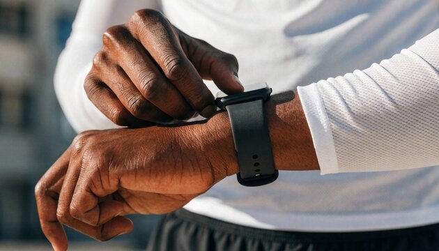 Athletic man in a white long sleeve top adjusts a black smartwatch on his wrist outdoors, ideal for fitness tracking, wearable tech, or health app advertising.