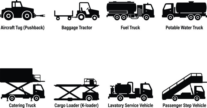Set of black airport ground support equipment vehicle icons on a white background