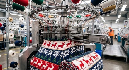 Fototapeta premium Industrial knitting machine producing Christmas sweater in textile factory. Automated manufacture of winter clothing with reindeer pattern. Modern garment production and textile industry.