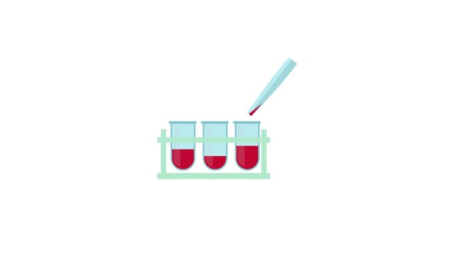 Laboratory test tubes vector animation with dropper pipette adding fluid samples into a rack holder
