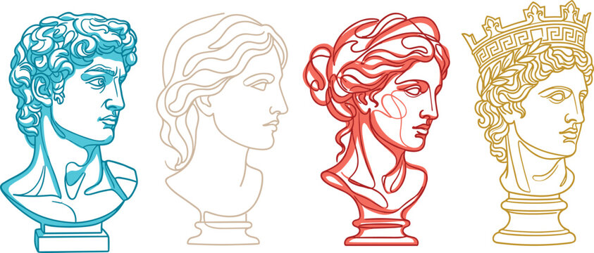 Continuous line art vector set of antique Greek statue busts featuring classic sculptures of David and goddesses.