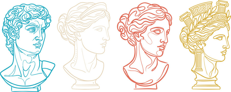 Continuous line art vector set of antique Greek statue busts featuring classic sculptures of David and goddesses.