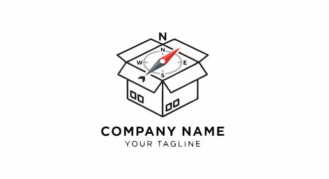 A logo design featuring a compass in a box.