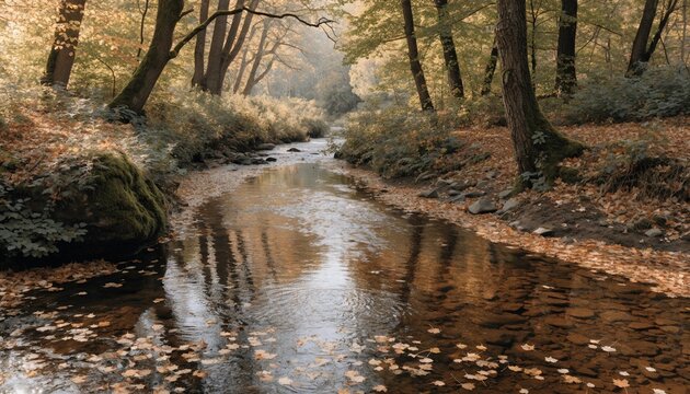 A calm woodland stream reflects autumn trees and fallen leaves, ideal for nature travel promotions, wellness retreats, or seasonal editorial backgrounds.