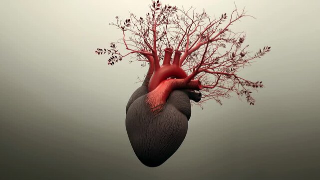 Anatomically accurate heart model with branching veins and arteries transitioning from vibrant red to darker tones against a soft gradient background