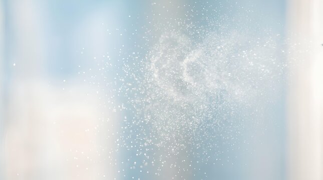 美容液や化粧水をイメージした淡いブルーの背景と細かな気泡のテクスチャ。清涼感と透明感のあるスキンケア、コスメティックの製品広告向け、キラキラと輝く水の粒子とミストの抽象的な背景素材
