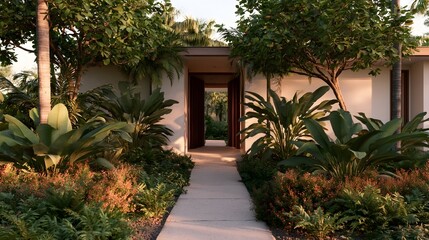 Fototapeta premium A serene view of a luxury tropical villa entrance bathed in soft morning light suggesting an idyllic resort getaway