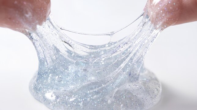 透明で非常に粘り気のあるジェルまたはスライムを、両手を使って左右に大きく引き伸ばしている手元のクローズアップテクスチャー