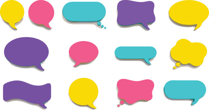 Colorful flat vector speech bubble set featuring thought bubbles, talk clouds, and communication dialog boxes with shadows.