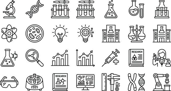 Science research icon set with laboratory chemistry experiment microscope test tube molecule dna chromosome scientist and biotech symbols in outline style