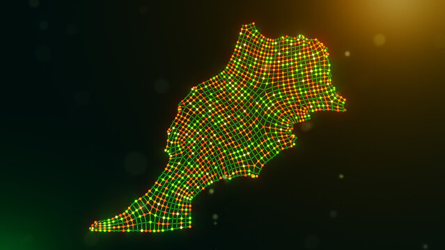 Visualization of the Morocco map built from flowing dotted network lines with glowing green, yellow, and orange nodes over a cinematic dark bokeh background representing digital connectivity.