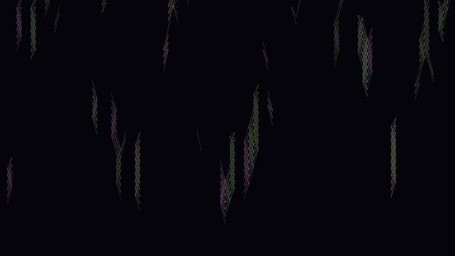 Abstract digital rain of geometric lightning bolt shapes falling on a dark background, creating a futuristic data stream or energy flow animation for technology concepts.