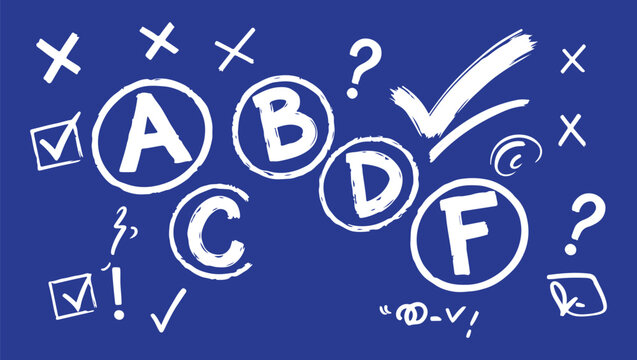 A set of white hand-drawn letters A, B, C, D, and F inside circles, accompanied by checkmarks, crosses, and question marks on a blue background.