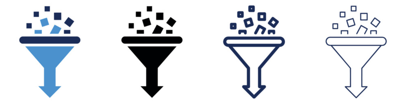 Set of four data filter icons showing funnel shapes with square particles for digital information analysis Minimal icon set bundle collection. Editable Vector Illustration Mega pack