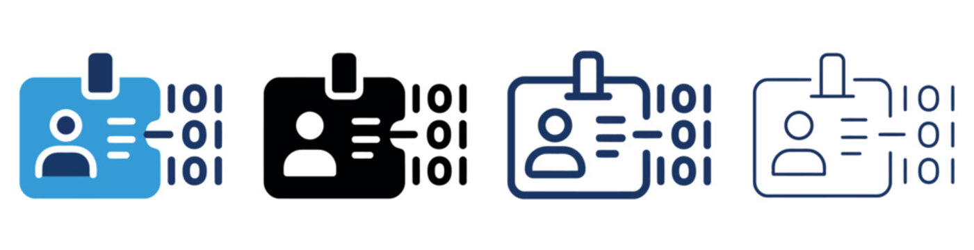 Digital id card badge icons set with binary code data representation for identity verification systems Minimal icon set bundle collection. Editable Vector Illustration Mega pack