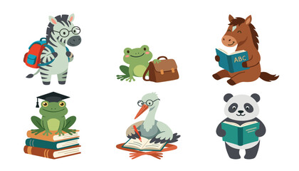 Cute back to school animal characters set with zebra frog horse stork and panda reading writing studying isolated vector illustration © Ruma