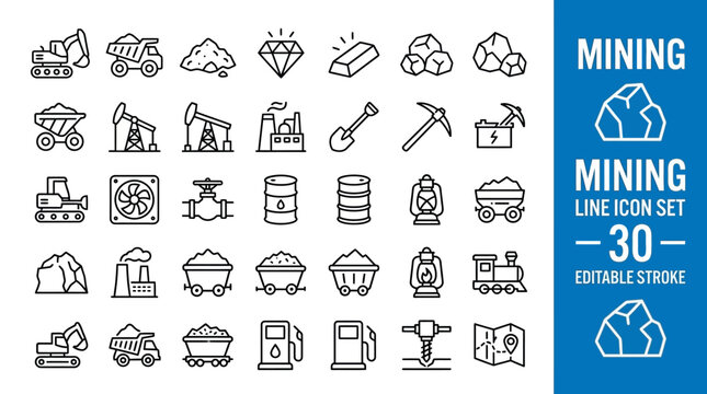30 mining line icons with editable stroke for industry, resources, tools, and educational design projects.