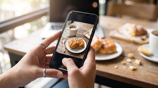 Woman taking photo of delicious breakfast pastry on plate with coffee cup on wooden table with laptop in background, realistic, modern, indoor, morning, foodie, still life