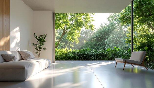 Bright modern living room with sustainable linen furniture and indoor plants, featuring floor-to-ceiling windows with a lush green forest view.