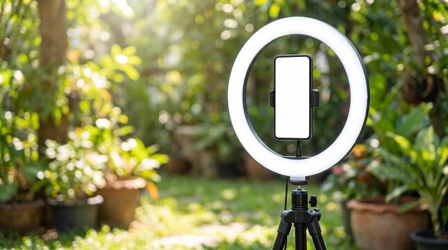 A softbox lighting ring on a tripod stand in a serene garden setting with lush greenery and potted plants, photography equipment for soft light
