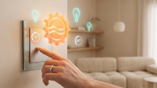 Person adjusting smart home climate and lighting controls with digital interface icons on a modern wall panel for energy efficient living in a cozy residential living room environment setting