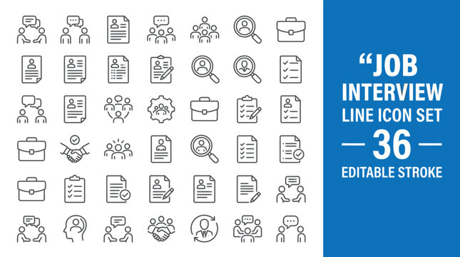 36 job interview line icons with editable stroke for recruitment, hiring, HR, and career design projects.