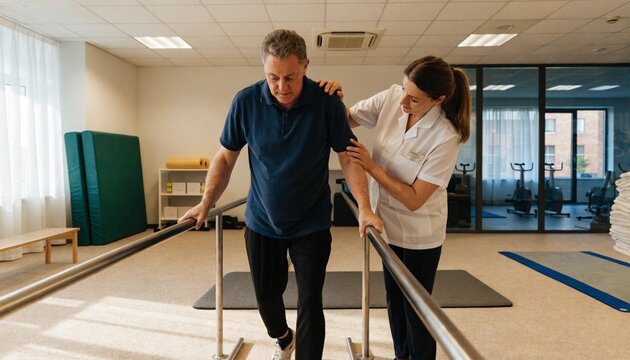 A physiotherapist supports a man walking between parallel bars in a rehabilitation gym, useful for promoting mobility recovery and clinical therapy services.