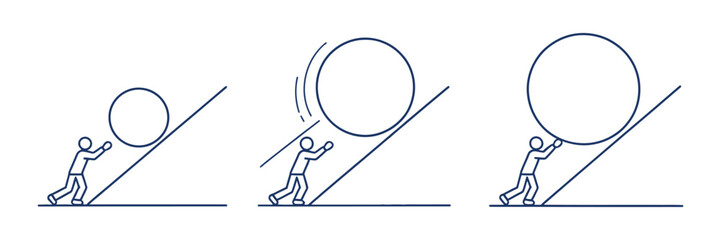 Business Challenge Outline Icon Set Showing Stick Figure Pushing Large Boulder Up Hill as Success Metaphor © ARIF AHMED 05