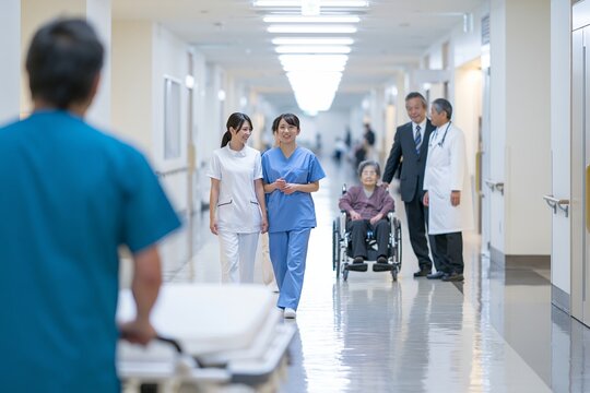 病院の長い廊下を医療従事者と患者家族が歩く光景