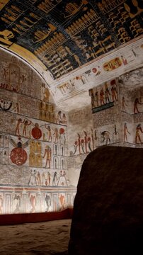Broken stone sarcophagus of an ancient Egyptian pharaoh Ramesses inside a royal burial chamber of royal tomb KV 9, Valley of the Kings, Luxor, Egypt.