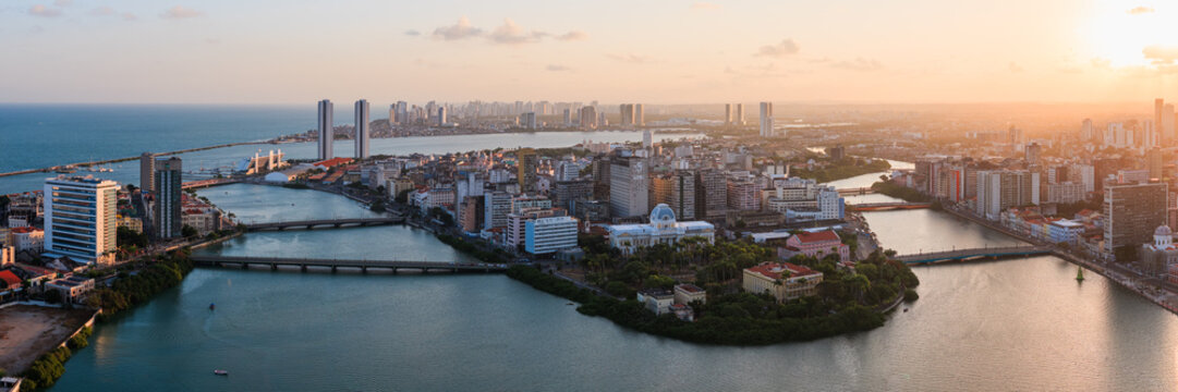 Panoramic aerial view of the city, rivers and bridges at sunset, Recife, Pernambuco, Brazil