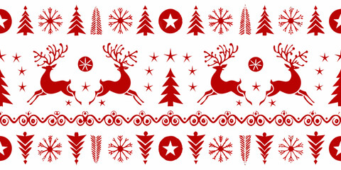 Red reindeer and evergreen tree seamless border pattern on white background © Dipu