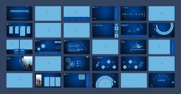 Business presentation template. Set, infographic elements, blue design, blue background. Office building flyer, corporate photo leaflet, powerpoint. Slideshow, annual report. Vector illustration
