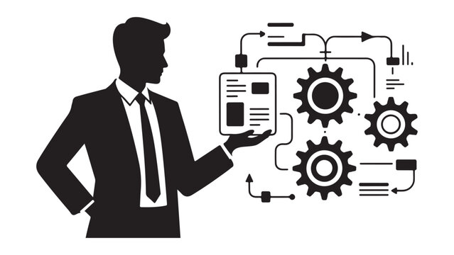 Black suit businessman holding gear with gears and charts