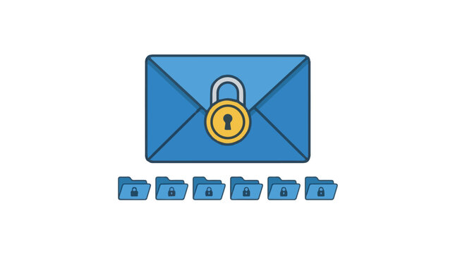 Pixel art blue envelope secured with yellow padlock and row of locked folders representing digital email security encryption