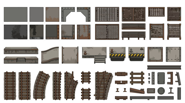 Industrial pixel art game assets, vintage railway tracks and metal platform construction set, 2D platformer environment tileset vector isolated PNG with Transparent Background