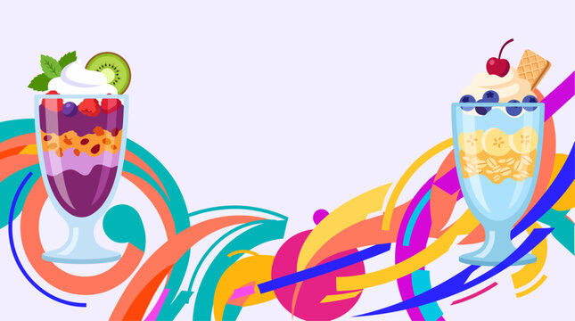 Two vibrant dessert parfaits with fruit and whipped cream, surrounded by colorful abstract ribbons on a light background.