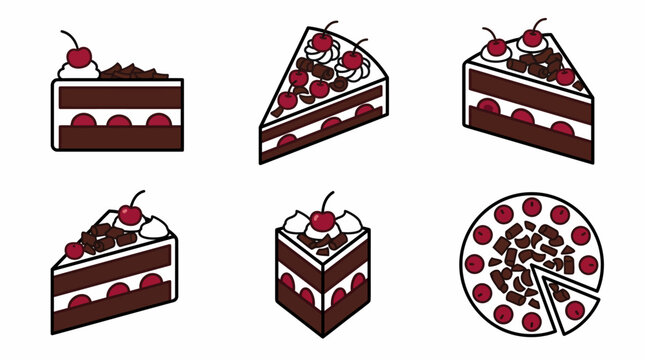 Various illustrations of Black Forest cake slices and a whole cake with cherries and chocolate shavings.