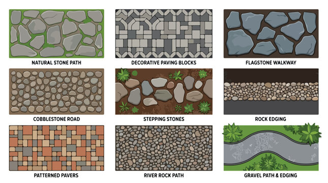 Natural stone path and decorative paving blocks set, 9 garden walkway vector textures, cobblestone road and flagstone landscaping elements isolated PNG with Transparent Background
