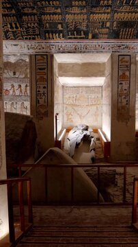 Broken stone sarcophagus of an ancient Egyptian pharaoh Ramesses inside a royal burial chamber of royal tomb KV 9, Valley of the Kings, Luxor, Egypt.