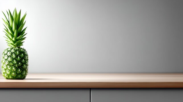 A green pineapple sits on a wooden shelf against a gray wall.